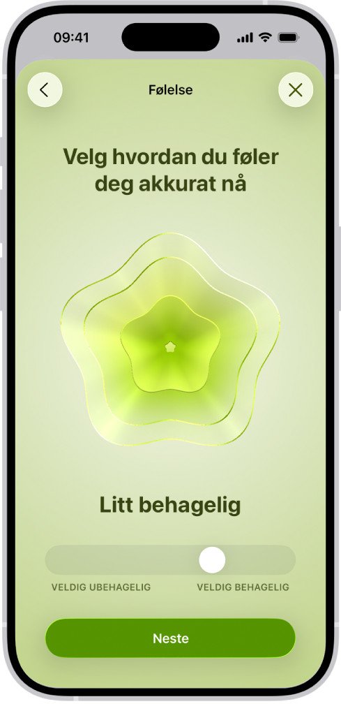 En skjerm i Helse-appen, der gjeldende stemningsleie er Litt behagelig. Nederst på skjermen vises en skyveknapp som kan brukes til å justere nivået for en følelse.
