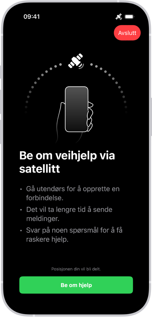 Veihjelp via satellitt-skjermen. Be om hjelp-knappen er nederst på skjermen.