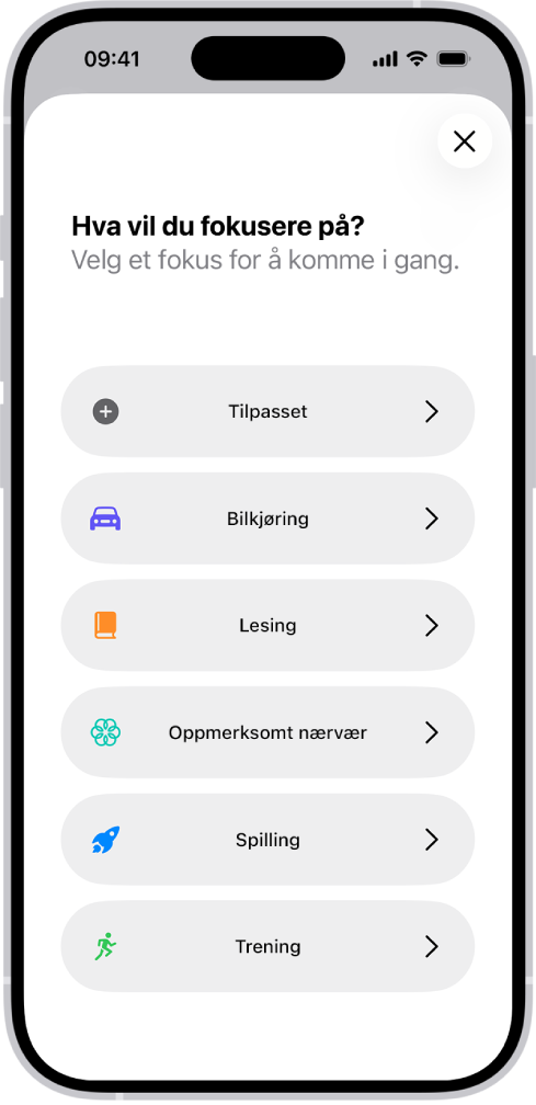 En konfigureringsskjerm for Fokus for ytterligere Fokus-valg, inkludert Tilpasset, Bilkjøring, Trening, Spilling, Oppmerksomt nærvær og Lesing.