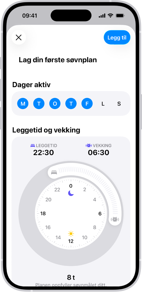 Skjermen Lag din første søvnplan i Helse-appen, med Dager aktiv-delen og klokker for leggetid og vekking.