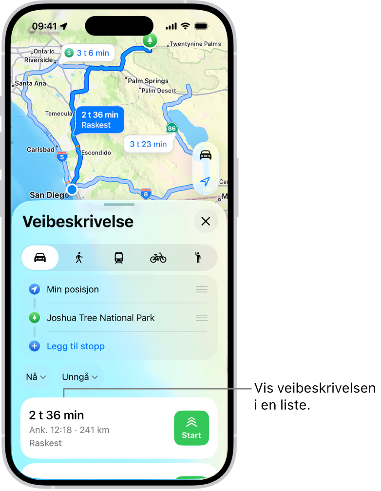 Et kort med flere rutealternativer.