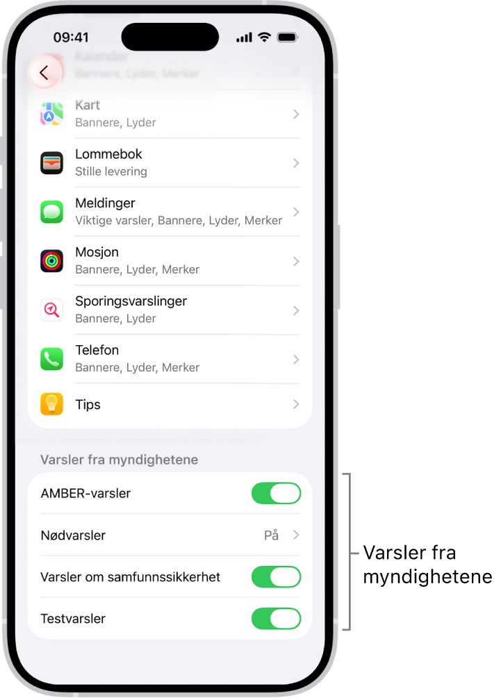 Varslinger-skjermen, som viser Varsler fra myndigheter, som du kan slå på for å motta varsler fra myndighetene.