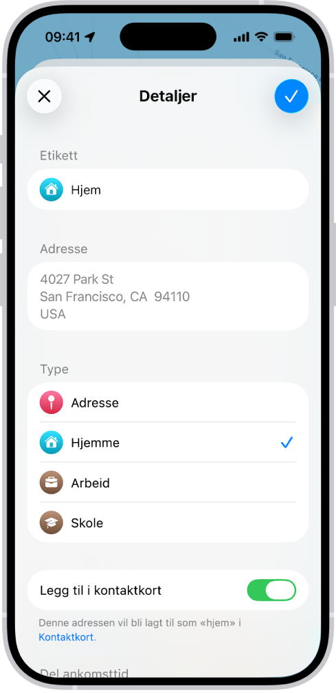 Detaljer-skjermen i Kart-appen med valg for å angi en adresse som hjem, arbeid eller skole.