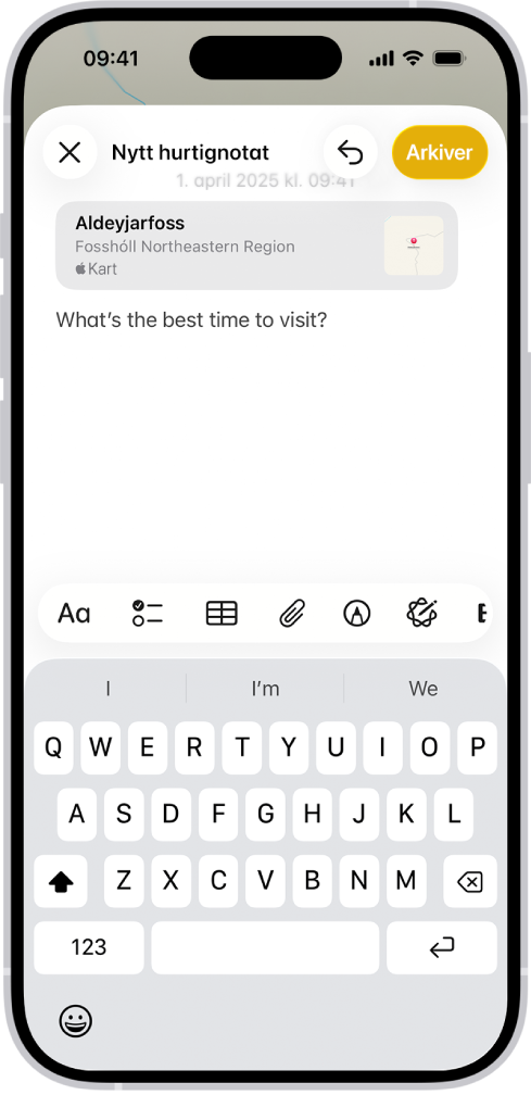 Et hurtignotat viser en lenke til et sted i Kart med tekst under. Arkiver-knappen vises øverst til venstre.