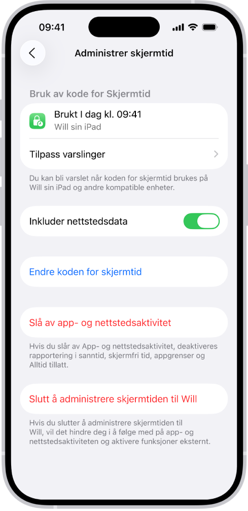 Administrer skjermtid-skjermen for et barn i en familie. Den øverste delen av skjermen viser siste gang koden ble brukt og på hvilken enhet den ble brukt.