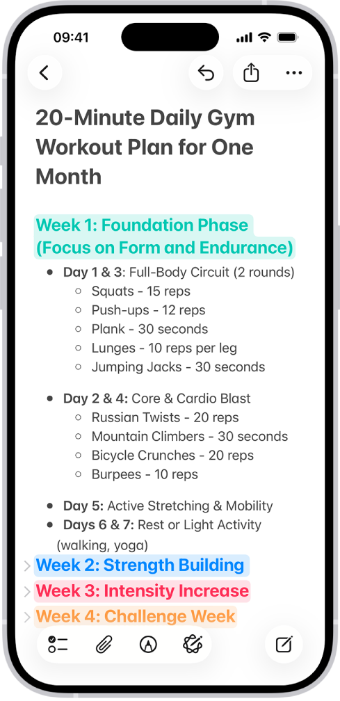 Et notat i Notater-appen med overskrifter som kan slås sammen øverst på skjermen.
