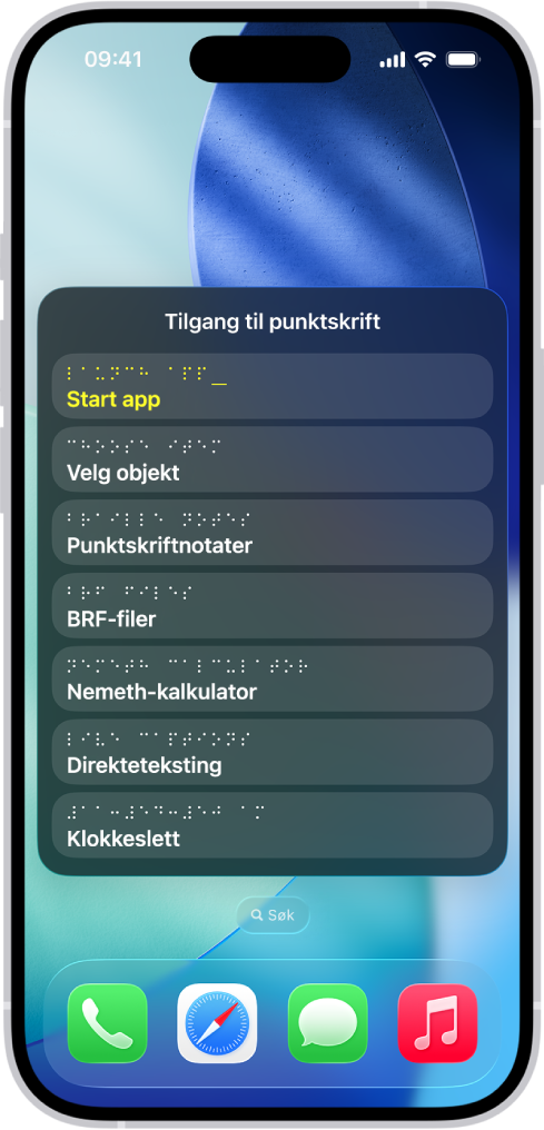 En iPhone med Tilgang til punktskrift-menyen åpen. Følgende valg vises: Start app, Velg objekt, Punktskriftnotater, BRF-filer, Kalkulator, Direkteteksting og Klokkeslett.