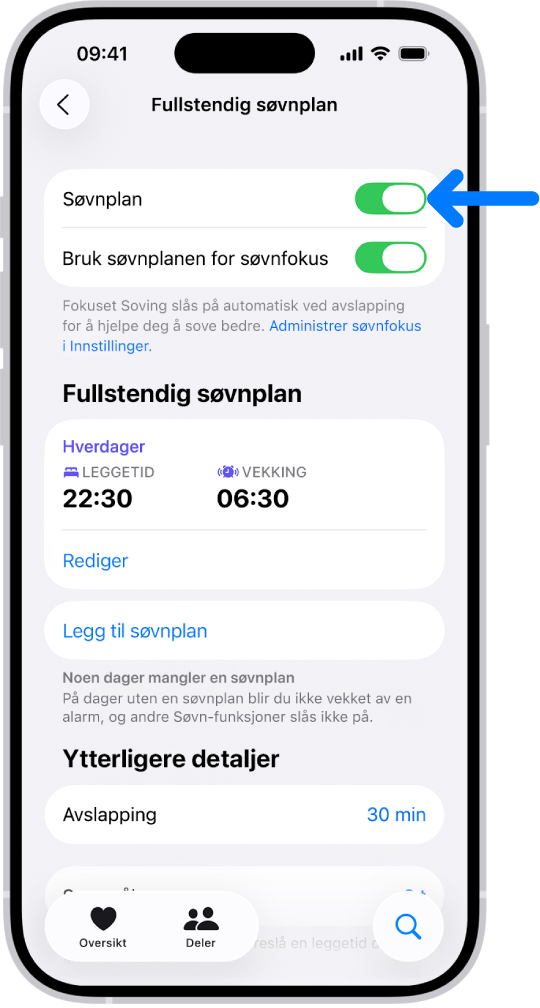 Full søvnplan-skjermen i Helse-appen, med Søvnplan slått på øverst.