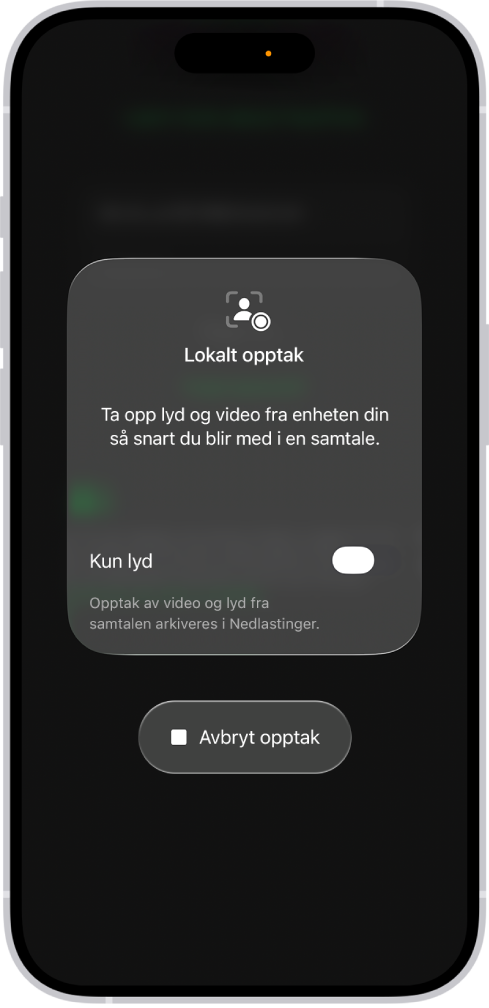 Skjermen for å starte lokalt opptak av lyd og video av din side av en videokonferanse.