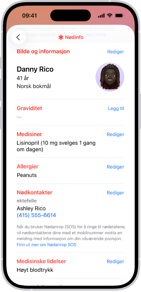 En Nødinfo-skjerm med informasjon om fødselsdato, medisiner, allergier, nødkontakter og medisinske tilstander.