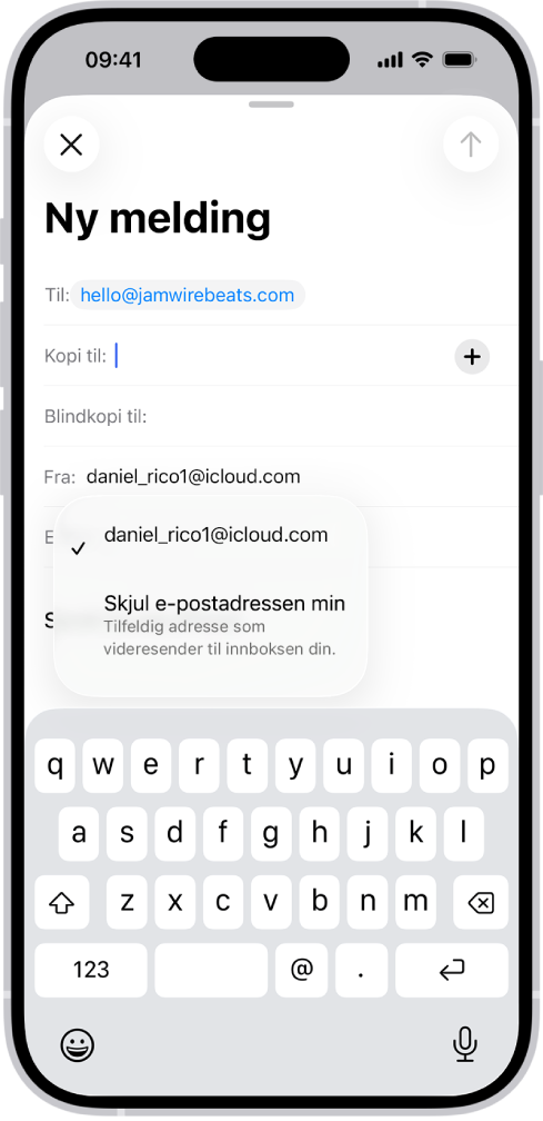 Det utarbeides et e-postutkast. Fra-feltet er markert, og det vises to valg nedenfor – en privat e-postadresse og Skjul e-postadressen min.