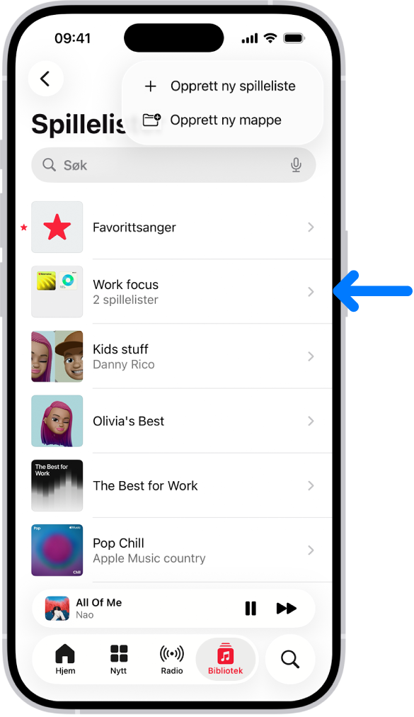Bibliotek-fanen viser listen over spillelister. Øverst er knapper for å opprette en ny spilleliste og opprette en ny mappe. En blå pil peker mot en spilleliste som heter Jobbfokus.