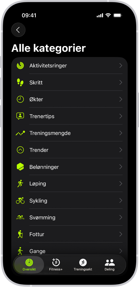 Mosjon-skjermen som viser en liste over mosjonskategorier.