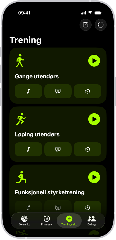 Mosjon-treningsøktskjermen med tre treningsøkter.