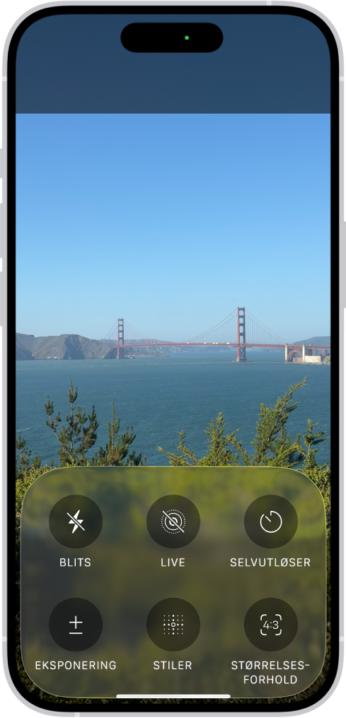 Kameraet i Bilde-modus. Nederst på skjermen vises knapper for følgende kamerakontroller: Blits, Live, Nedtelling, Eksponering, Stiler og Størrelsesforhold.