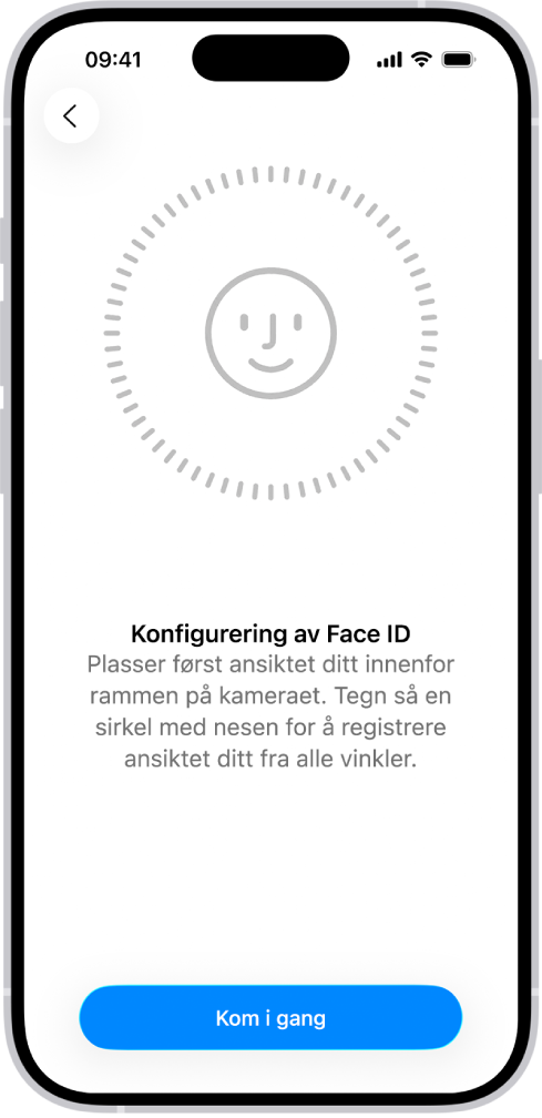 Konfigurasjonsskjermen for Face ID-gjenkjenning. Et ansikt vises på skjermen, omsluttet av en sirkel. Teksten under ansiktet informerer brukeren om å bevege hodet sakte for å fullføre sirkelen.