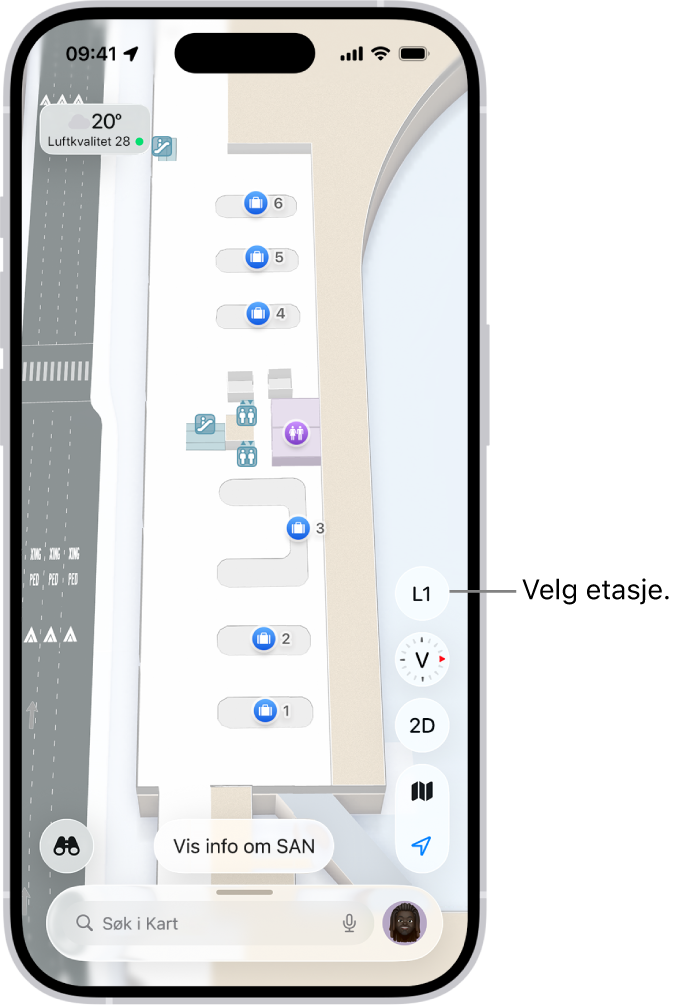 Et innendørskart over en flyplassterminal. Kartet viser detaljer som passkontroll, trapper, toaletter og førstehjelp. Du kan endre etasje i kart med flere etasjer ved hjelp av knappen merket L1 (for Level 1).