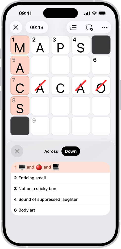 Et delvis utfylt minikryssord vises med hint åpent nederst.