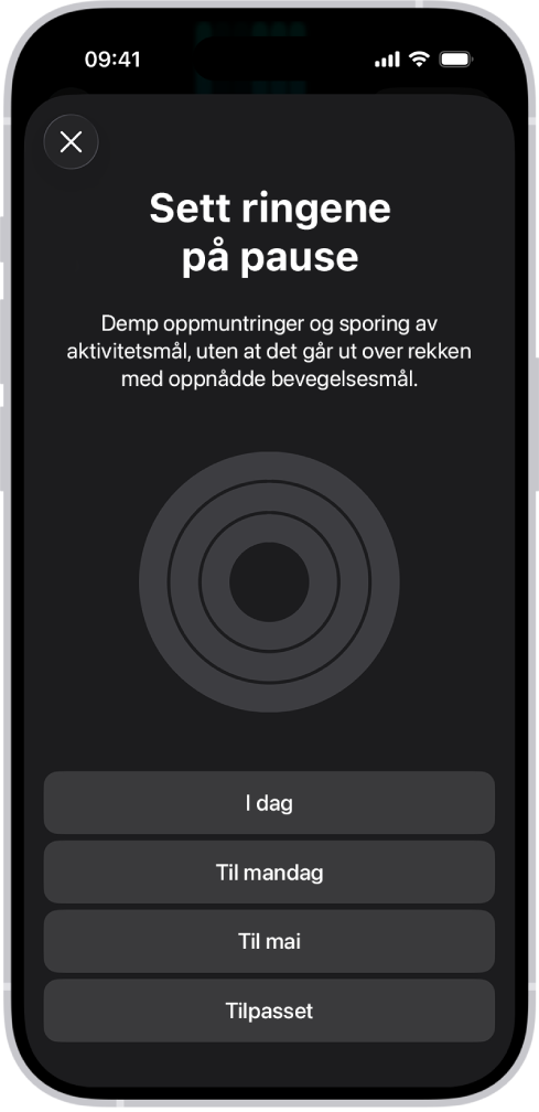 Sett ringene på pause-skjermen i Mosjon, som viser valg for å sette aktivitetsringer på pause.