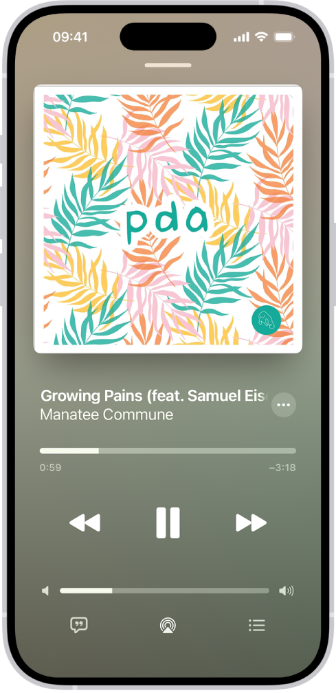 Et albumcover vises på Låst skjerm, og nedenfor albumcoveret vises kontrollene for å spille av musikk på en ekstern enhet.