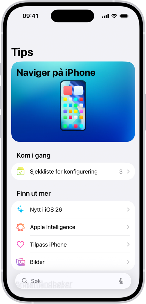 En skjerm som viser en samling av tips med piler som viser at du kan trykke på en samling for å se tipsene i den.