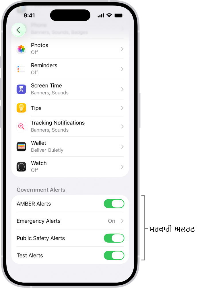 ਸੂਚਨਾ ਸਕਰੀਨ, ਜੋ ਦਿਖਾ ਰਹੀ ਹੈ ਕਿ ਤੁਸੀਂ ਸਰਕਾਰੀ ਅਲਰਟ ਪ੍ਰਾਪਤ ਕਰਨ ਲਈ ਸਰਕਾਰੀ ਅਲਰਟ ਚਾਲੂ ਕਰ ਸਕਦੇ ਹੋ।