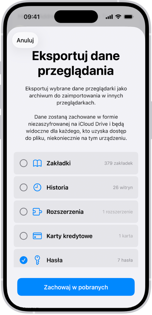 Ekran Eksportuj dane przeglądania. Zaznaczona jest opcja Hasła, aby wyeksportować hasła do innego menedżera haseł.