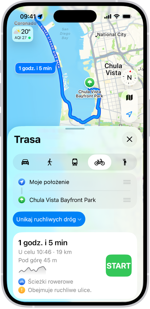 Mapa wyświetlająca opcje dotyczące jazdy rowerem. Widoczna na dole karta trasy zawiera szczegóły obejmujące szacowany czas, zmianę wysokości oraz typy dróg. Po prawej stronie szczegółów trasy widoczny jest przycisk Start.