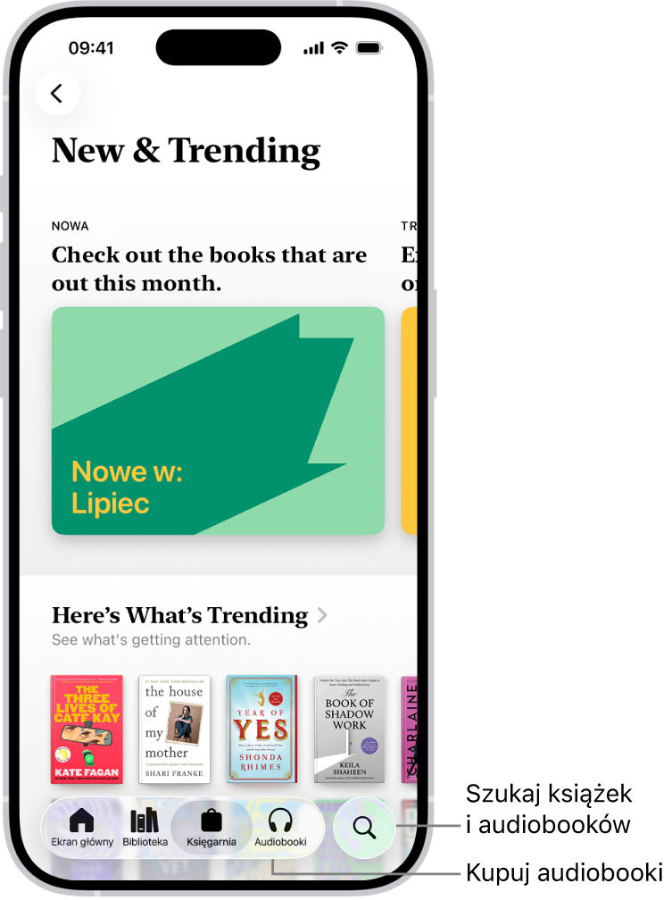 Ekran Księgarnia w aplikacji Książki. Na dole ekranu (od lewej do prawej) znajdują się karty: Ekran główny, Biblioteka, Księgarnia, Audiobooki i Szukaj. Zaznaczona jest karta Księgarnia.