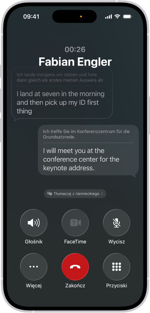 Połączenie telefoniczne w aplikacji Telefon wyświetlające rozmowę tłumaczoną z języka niemieckiego na angielski.