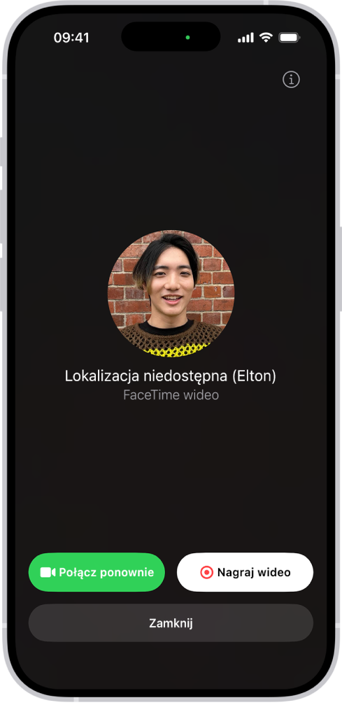 Ekran nagrywania wiadomości wideo, gdy osoba, do której dzwonisz, jest niedostępna. Widoczny jest przycisk Połącz ponownie oraz przycisk Nagraj wideo. Możesz stuknąć w Nagraj wideo, aby nagrać wiadomość wideo.
