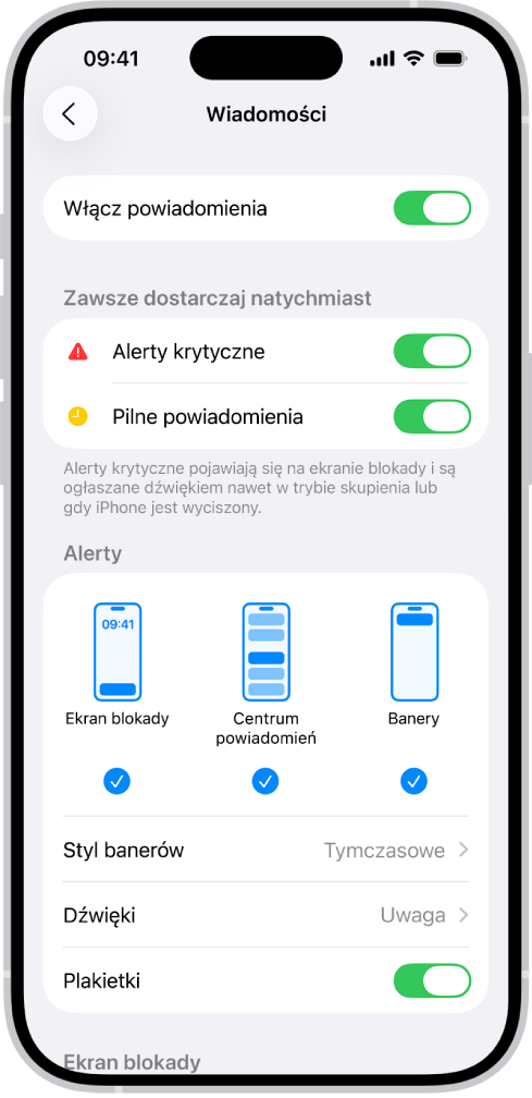 Ustawienia powiadomień aplikacji Wiadomości w Ustawieniach.