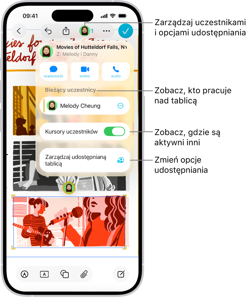 Udostępniana tablica friform na iPhonie z otwartym menu współpracy.