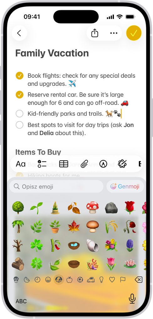 Notatka otworzona w aplikacji Notatki, widoczna w górnej części ekranu. W dolnej połowie ekranu wyświetlana jest klawiatura emoji.