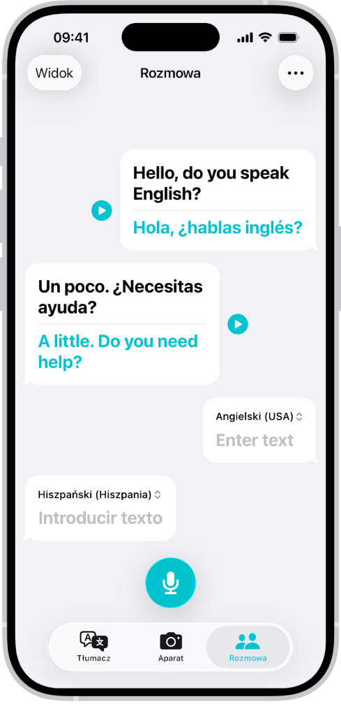 Karta Rozmowa zawierająca dymki rozmowy oraz ich tłumaczenia.