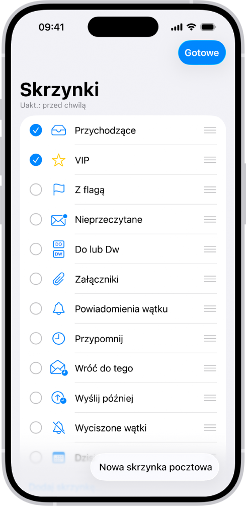 Ekran edycji skrzynek pocztowych. Od góry do dołu wyświetlane są opcjonalne skrzynki pocztowe. Po lewej stronie każdej z nich widoczne jest pole wyboru. W prawym dolnym rogu ekranu widoczny jest przycisk Nowa skrzynka pocztowa.