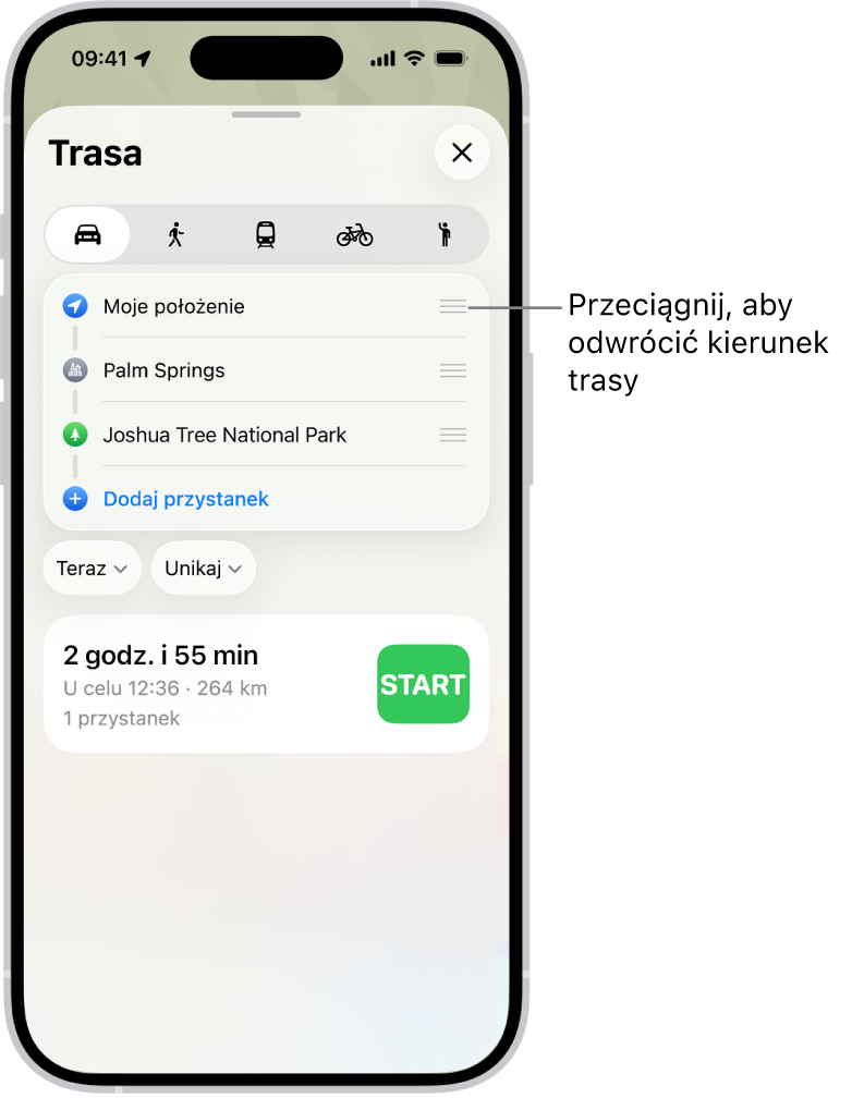 Mapa z kilkoma możliwymi trasami przejazdu samochodem między Twoim położeniem a miejscem docelowym.
