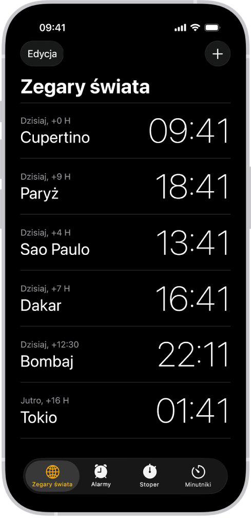 Karta Zegary świata, pokazująca czas w różnych miastach. W lewym górnym rogu widoczny jest przycisk Edycja, który pozwala na zmienianie kolejności i usuwanie zegarów. W prawym górnym rogu widoczny jest przycisk Dodaj, który pozwala na dodawanie kolejnych zegarów. Na dole znajdują się przyciski Zegary świata, Alarmy, Stoper oraz Minutniki.