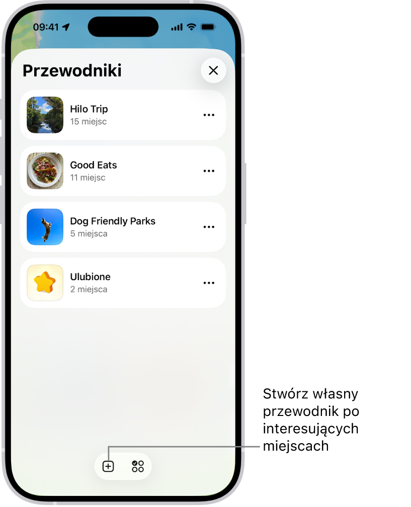 Lista kilku własnych przewodników w Mapach, w tym kategoria Ulubione. W prawym dolnym rogu znajduje się przycisk Nowy przewodnik.