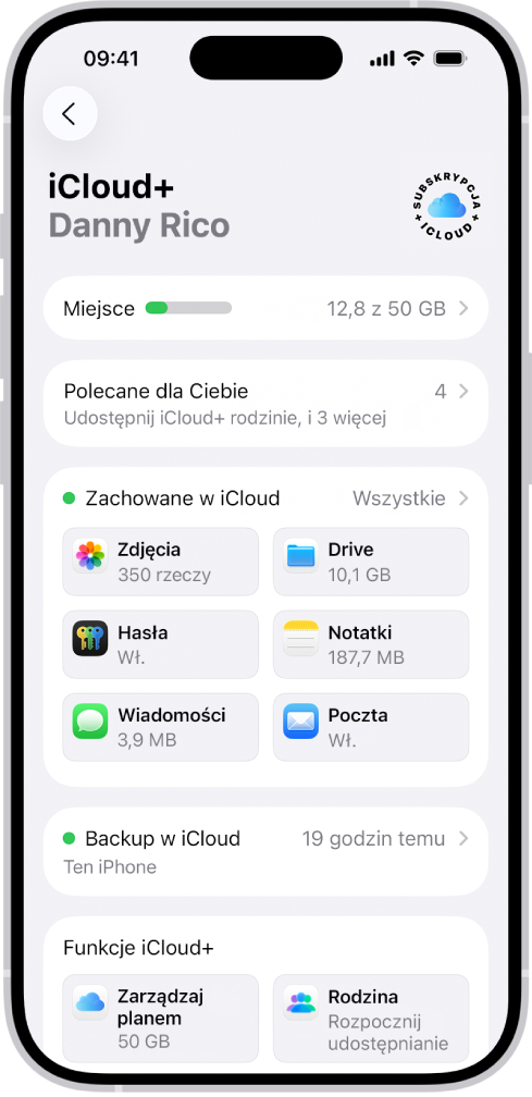Ekran ustawień iCloud zawierający wskaźnik wykorzystania dostępnego miejsca oraz listę aplikacji i funkcji.