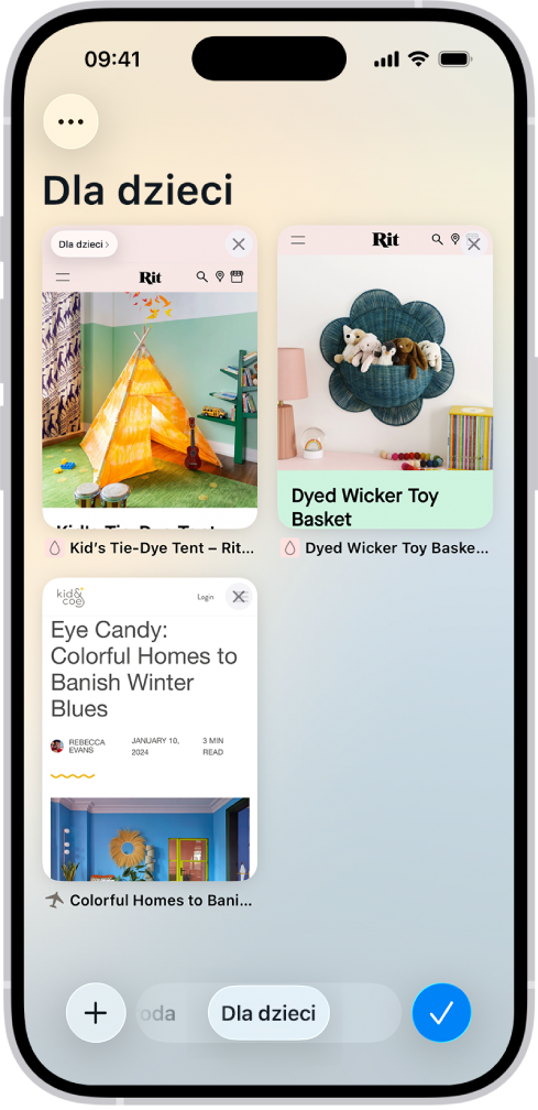 Widoczne na ekranie podglądy trzech otwartych kart w grupie kart noszącej nazwę Dzieci.