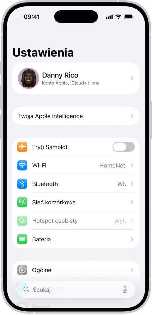 Ekran Ustawień pokazujący, że iPhone jest połączony z Wi‑Fi o nazwie HomeNet.