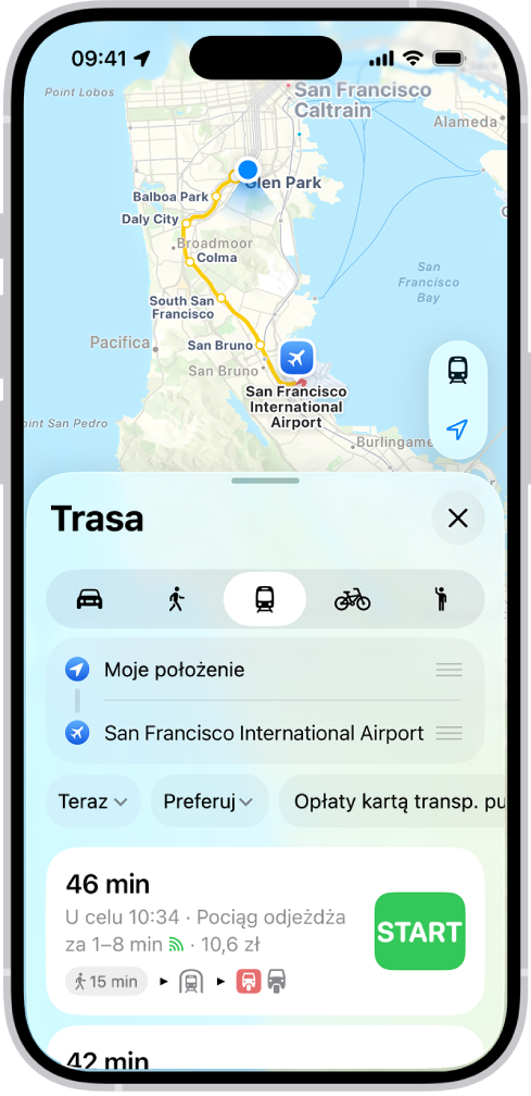 Mapa przedstawiająca trasę przejazdu transportem publicznym. Widoczna na dole karta trasy zawiera szczegóły obejmujące szacowany czas oraz łączny koszt. Po prawej stronie szczegółów trasy widoczny jest przycisk Start.