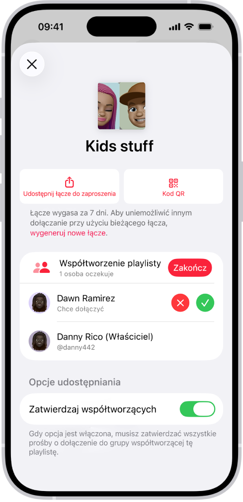Ekran Zarządzaj współpracą w aplikacji Muzyka.
