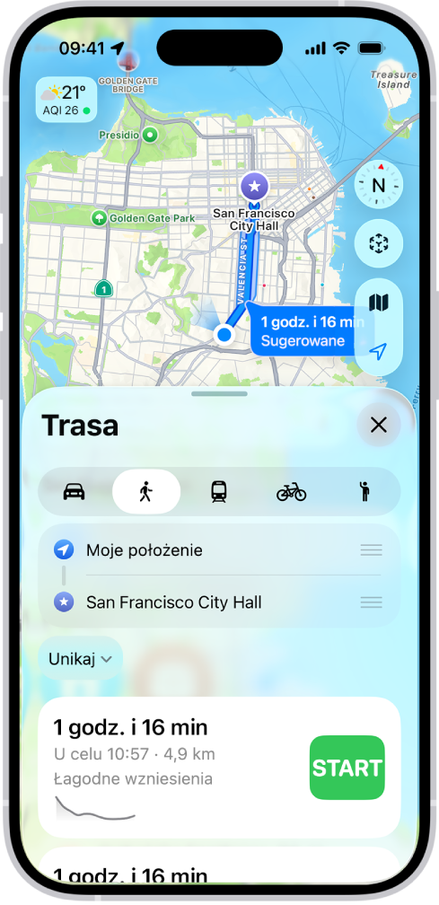 Mapa przedstawiająca trasę przejścia pieszo. Widoczna na dole karta trasy zawiera szczegóły obejmujące szacowany czas oraz zmianę wysokości. Po prawej stronie szczegółów trasy widoczny jest przycisk Start.