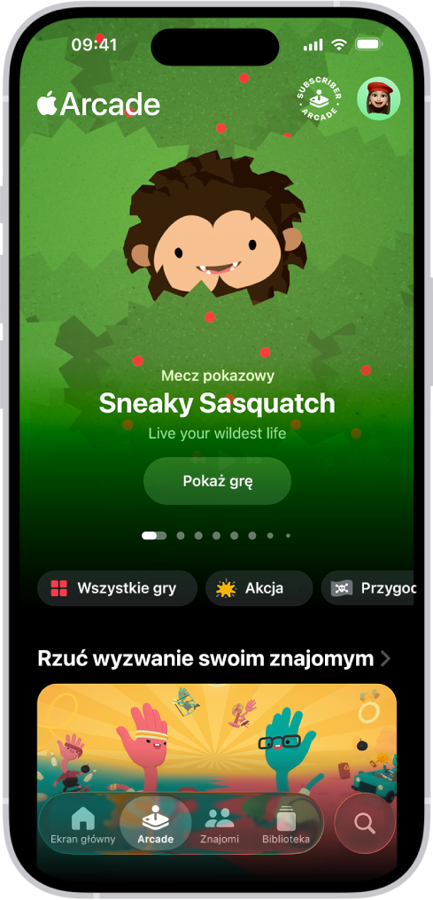 Aplikacja Gry wyświetlająca kartę Arcade. Widoczna jest grafika promocyjna prezentowanej gry. Na dole ekranu znajdują się karty Ekran główny, Arcade, Znajomi, Biblioteka oraz Szukaj. Zaznaczona jest karta Arcade.