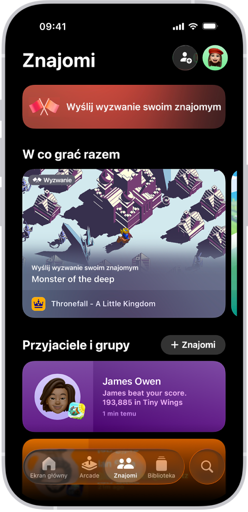 Aplikacja Gry wyświetlająca kartę Znajomi. Widoczne są opcje umożliwiające wysyłanie wyzwań znajomym, sugestie gier do wspólnego grania oraz niedawna aktywność znajomych.