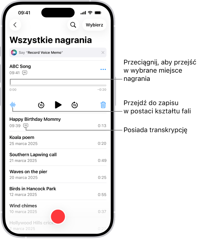 Ekran listy notatek głosowych z zaznaczonym nagraniem u góry. Na linii czasowej nagrania widoczna jest głowica odtwarzająca, którą możesz przeciągnąć, aby przejść do innego miejsca nagrania. Poniżej linii czasowej widoczne są narzędzia odtwarzania.