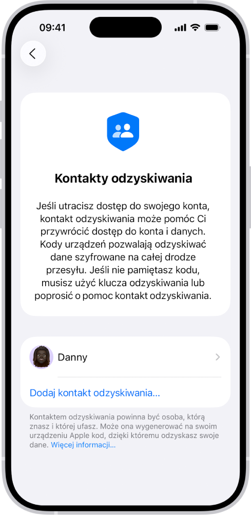 Ekran dodawania kontaktu odzyskiwania.