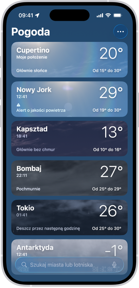 Aplikacja Pogoda. Widoczna jest lista miast z bieżącą temperaturą, prognozą pogody oraz najniższą i najwyższą temperaturą. Na dole ekranu widoczne jest pole wyszukiwania. W prawym górnym rogu znajduje się przycisk Więcej.